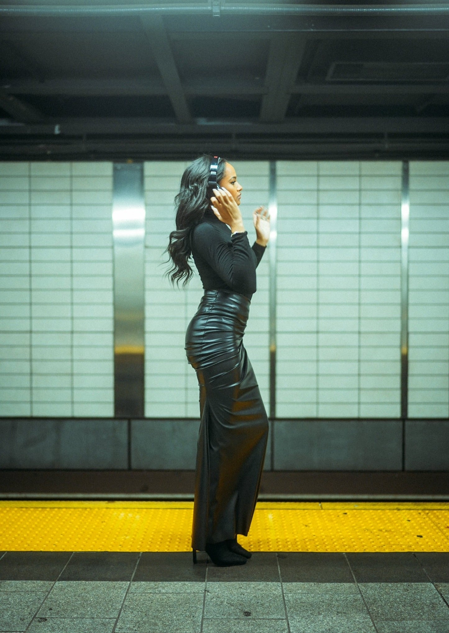 Carbon Draped Leather Maxi Skirt