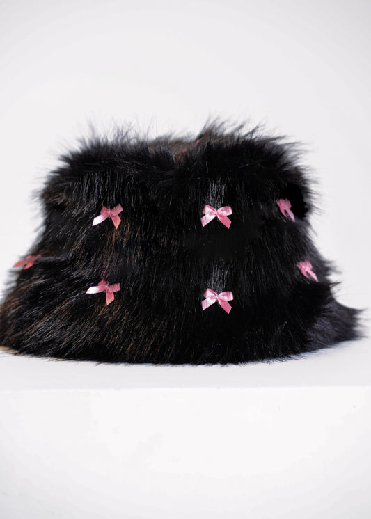 Bow Pink Fox Fur Bucket Hat