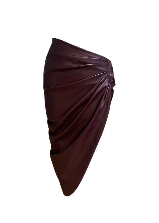 Sepia Draped Leather Midi Skirt