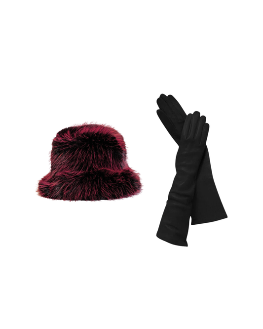 Fox Fur Bucket Hat and Opera Gloves Set