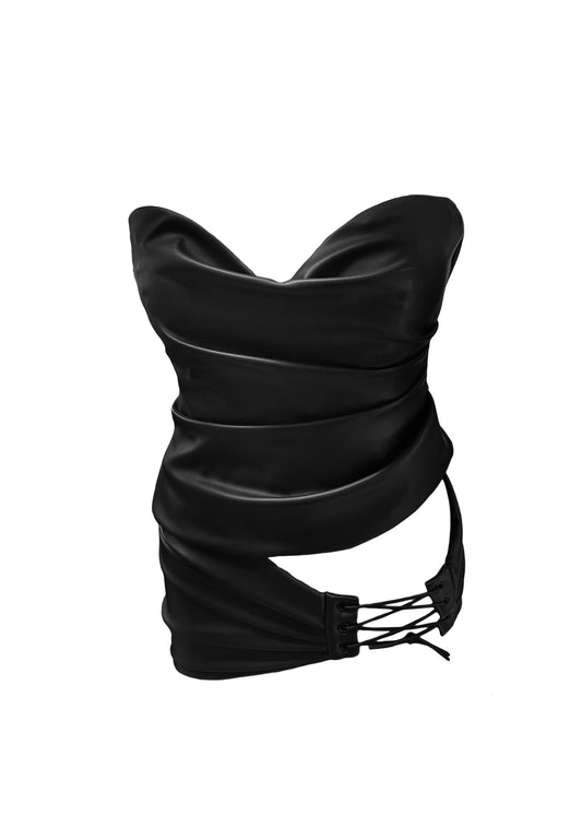 Draped Leather Mini Skirt in Carbon