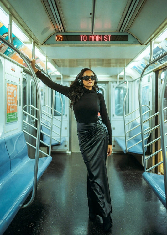 Draped Leather Maxi Skirt in Carbon