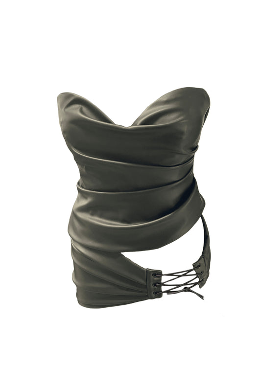 Draped Leather Mini Skirt in Sage